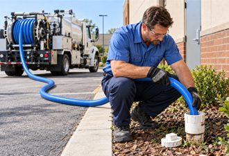 man using vac truck to clear a commercial sewer blockage near access point