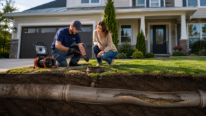 plumber using a sewer camera to inspect the sewer line at a home