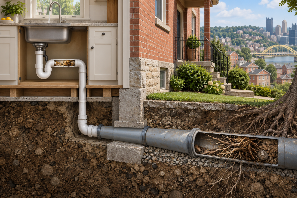 cross section of home where the sink drain is clogged, and the sewer drain pipe is clogged