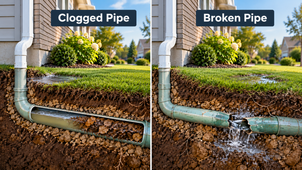 clogged vs broken underground downspout drain
