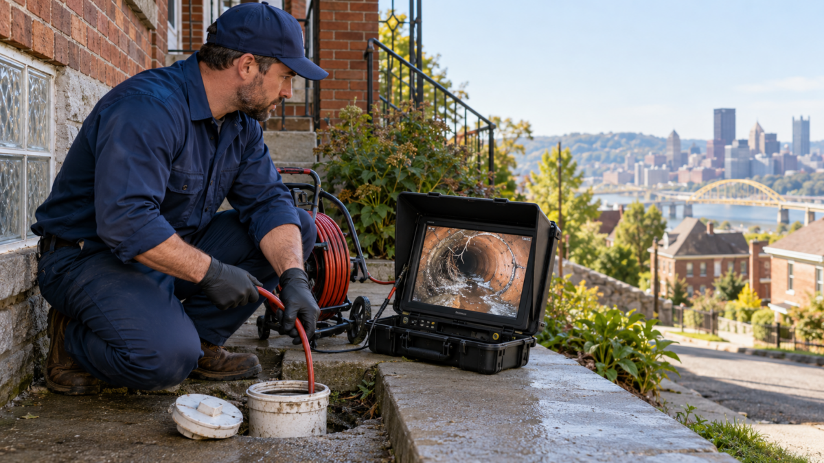 employee performing a sewer camera inspection through an access point on a pittsburgh home